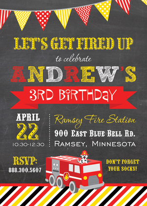 Fire Truck Chalkboard With Banners Photo Invitations