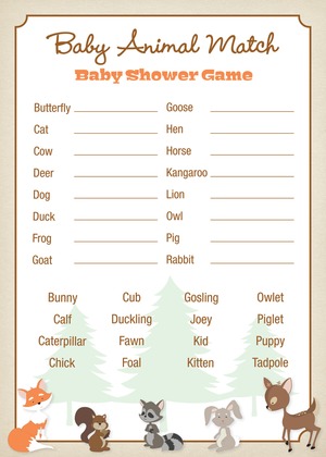 Woodland Animals Baby Shower Bingo Game