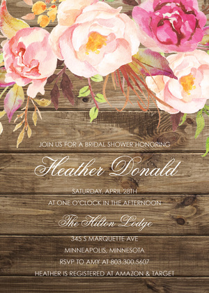 Dark Wood Watercolor Rose Bouquet Invitations