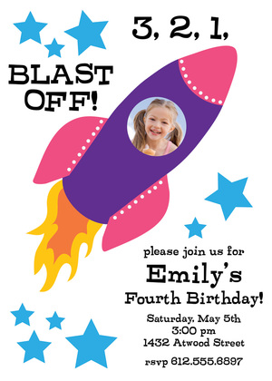 Red Blue Rocket Spaceship Birthday Party Invitations