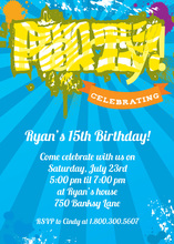 Funky Yellow PARTY In Blue Invitations