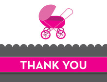 Pink Gray Polka Dot Baby Carriage Thank You Cards