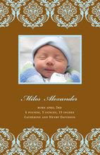 Cocoa-Blue Damask Photo Birth Announcements