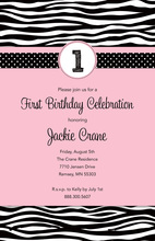Pink 1st Birthday Zebra Invitation