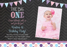 Purple Cupcake Pink Chevrons Photo Birthday Invitation