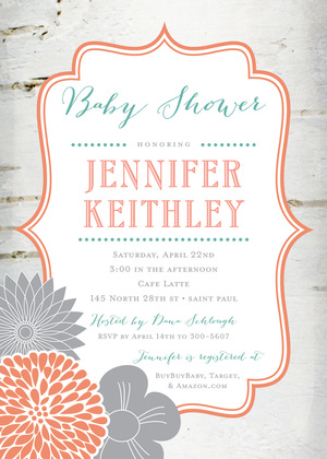 Mint Coral Flowers with Grey Chevron Invitations