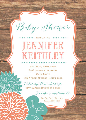 Mint Coral Flowers with Grey Chevron Invitations