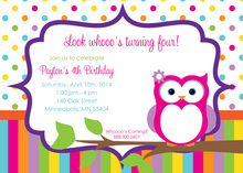 Cute Owl with Dots and Stripes Birthday Invitations