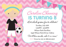 Pink Chevrons Blonde Soccer Girl Birthday Invitations
