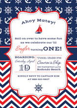 Red Navy Sail Boat Photo Birthday Party Invitations