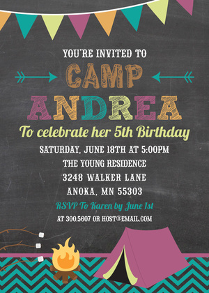 Purple Teal Green Camping Chalkboard Birthday Invites