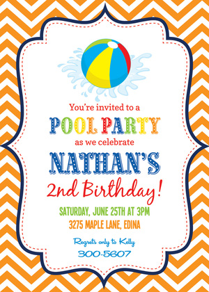 Splash Blue Chevrons Pool Party Beach Ball Invitations