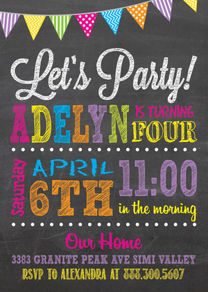 Chalkboard Party Birthday Invitations Primary Colors