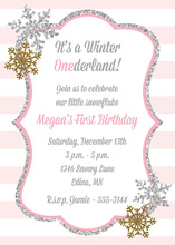 Glitter Snowflakes Pink Stripes Birthday Invitations