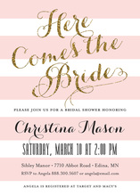 Pink Stripes Gold Glitter Here Comes the Bride Invites