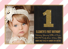 Gold Glitter Pink Stripes Photo Birthday Invitations
