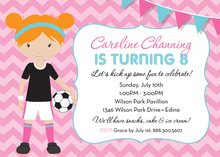 Pink Chevrons Redhead Soccer Girl Birthday Invitations