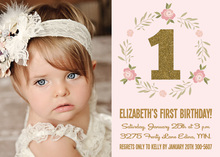 Pink Floral Wreath Gold Glitter 1 Photo Invitations