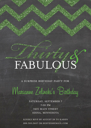 Fabulous Green Glitter Chevron Thirty Birthday Invites