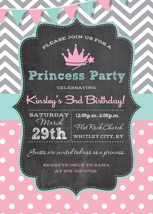 Grey Chevrons Purple Polka Dots Princess Invitations