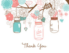 Teal Coral Mason Floral Jars Thank You Cards