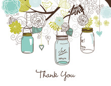 Aqua Lime Mason Floral Jars Thank You Cards