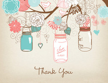 Teal Coral Mason Floral Jars Rustic Thank You Cards
