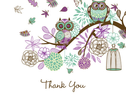 Aqua Owls Floral Branch Thank You Cards
