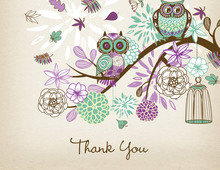 Purple Owls Floral Branch Rustic Thank You Cards