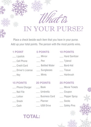 Aqua Snowflakes What's In Your Purse Game