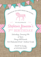 Pink Horse Teal Border Burlap Invitations