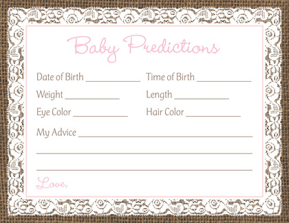 White Lace Border Burlap Baby Prediction Cards