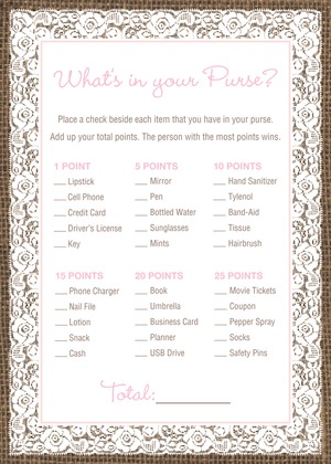White Lace Border Burlap What's In Your Purse Game