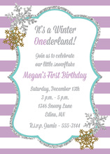 Glitter Snowflakes Purple Stripes Birthday Invitations