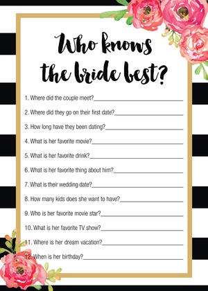 Navy Stripes Watercolor Floral Who Knows Bride Game