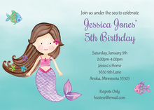 Brunette Hair Mermaid Kids Birthday Invitations