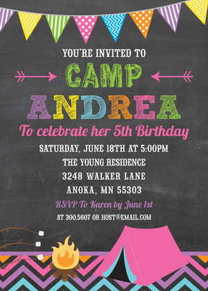 Purple Teal Green Camping Chalkboard Birthday Invites