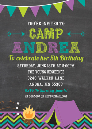 Camping Girls Chalkboard Birthday Invitations