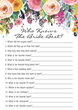 Watercolor Peach Cream Floral Who Knows Bride Best Game