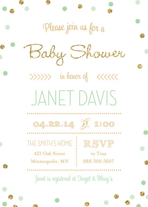 Gold Glitter Graphic Pink Dots Baby Shower Invitations
