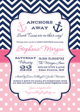 Navy Stripes Anchor Hot Pink Invitations