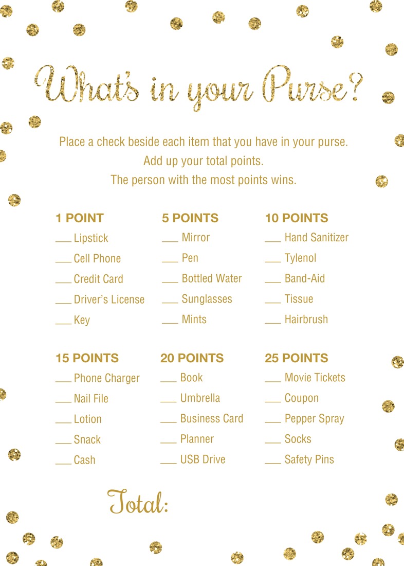 Buy Whats in Your Purse Scavenger Hunt Game, Count Points in Your Handbag  Bag, PRINTABLE Baby Shower Game Instant Download Pdf Online in India - Etsy