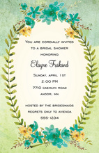 Teal Flowers Green Laurel Leaf Frame Invitations