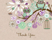 Purple Owls Floral Branch Faux Kraft Thank You Cards
