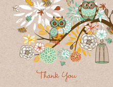 Orange Owls Floral Branch Faux Kraft Thank You Cards