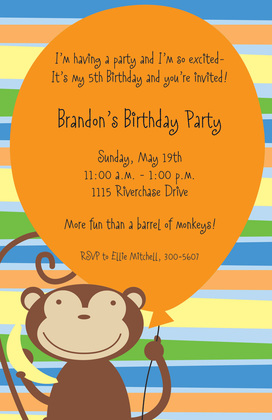 Blue Balloon Monkey Party Invitations