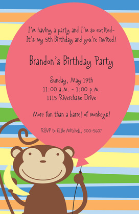 Green Balloon Monkey Party Invitations