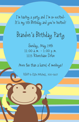 Pink Balloon Monkey Party Invitations